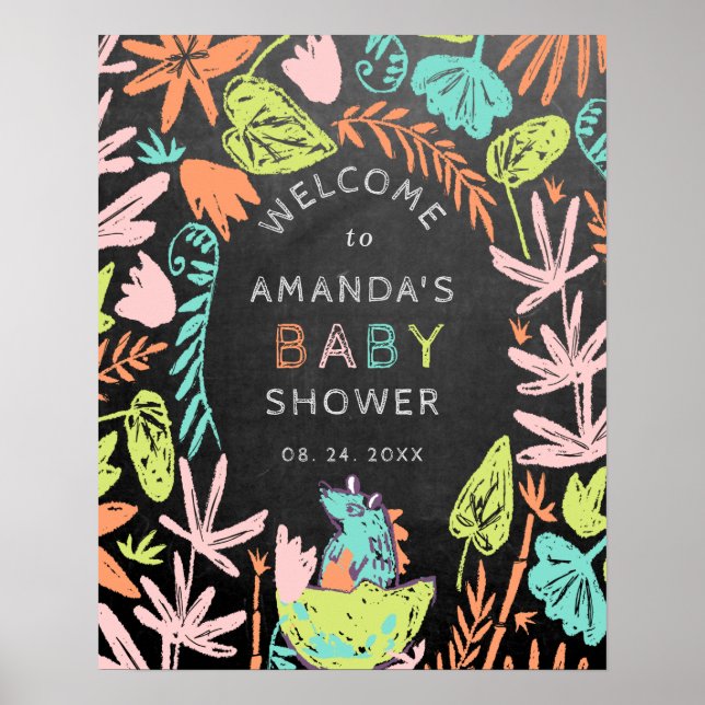 Affiche Chalkboard coloré Baby shower Dino Accueil (Devant)