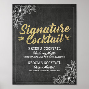 Affiche Chalkboard Floral Mariage Signature Menu boisson