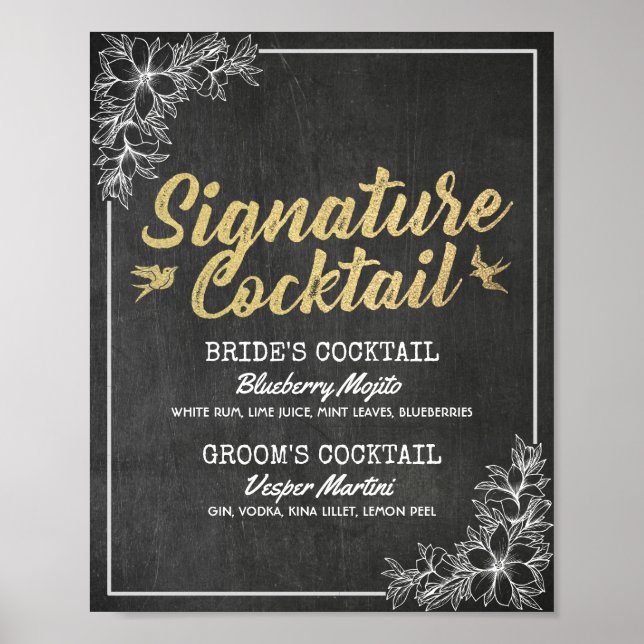 Affiche Chalkboard Floral Mariage Signature Menu boisson (Devant)