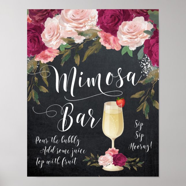 Affiche Chalkboard Mimosa Bar Sign burgundy floral (Devant)