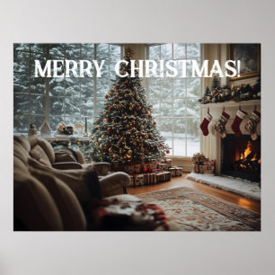 Affiche Chambre confortable Noël, Cheminée, Arbre et Bas