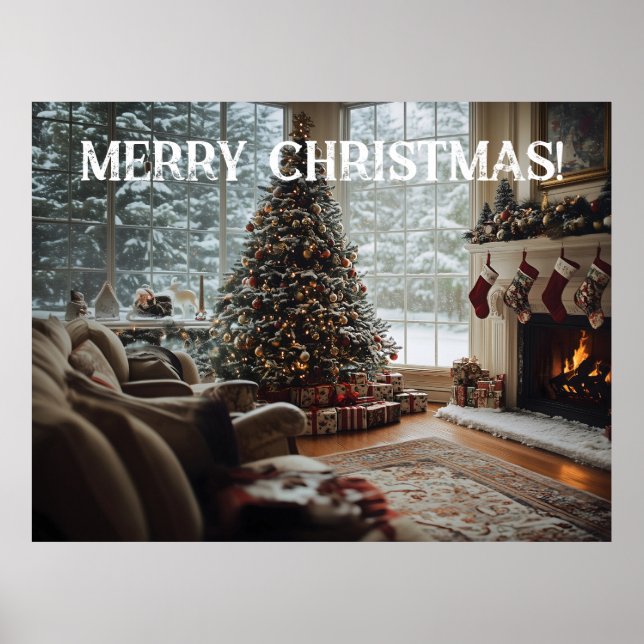 Affiche Chambre confortable Noël, Cheminée, Arbre et Bas (Devant)