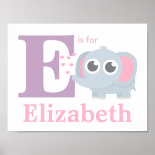 Affiche Chambre de bébé éléphant Lettre E avec amour Fille