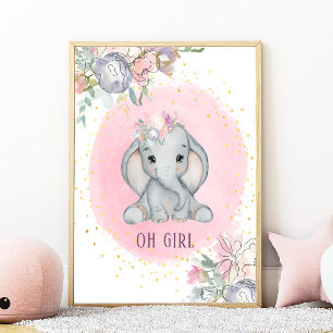Affiche Chambre de bébé fille fleurs rose aquarelle élépha