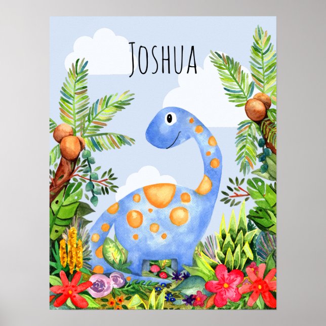 Affiche Chambre de bébé garçon dinosaure aquarelle jungle  (Devant)