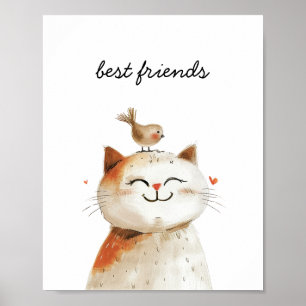 Affiche Chambre d'enfant aquarelle amis oiseaux chat migno