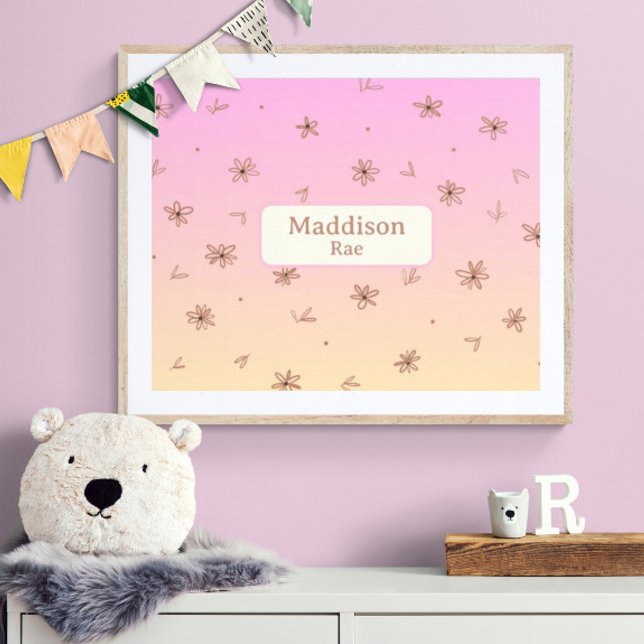 Affiche Chambre Enfant Fantaisie Fleurs Rose Jaune Nom Per (Customize name! Shown with white mat and wood frame. (you will receive print only) Thank you!)