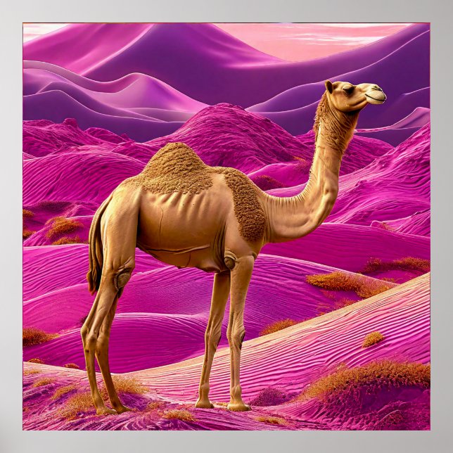 Affiche Chameau de désert rose Coucher de soleil Sables rê (Devant)