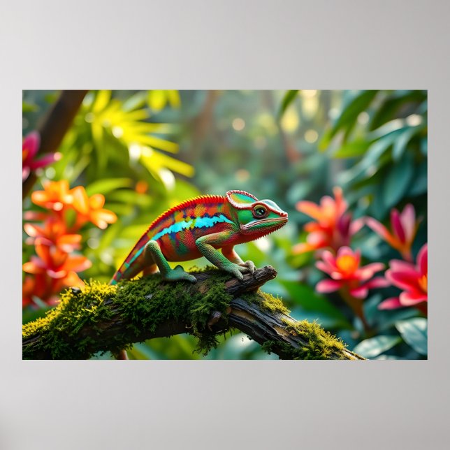 Affiche Chameleon coloré entouré de feuillage luxuriant (Devant)