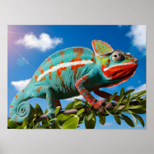 Affiche Chameleon coloré sur un Arrière - plan bleu