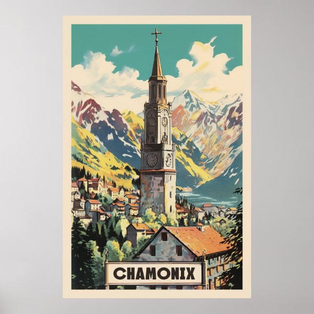 Affiche Chamonix, Mont Blan, Ski Vintage (Devant)