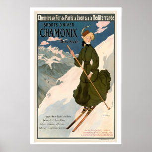 Affiche Chamonix Mont Blanc Paris Lyon France Ski Vintage