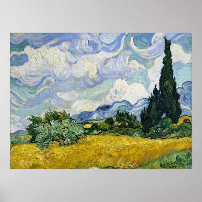 Affiche Champ de blé de Vincent Van Gogh avec Cyprès (Devant)