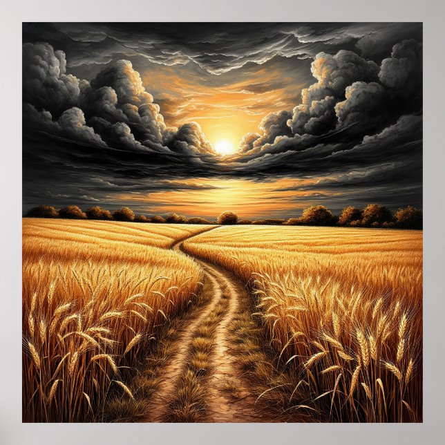 Affiche Champ de blé doré au coucher du soleil avec un cie (Devant)
