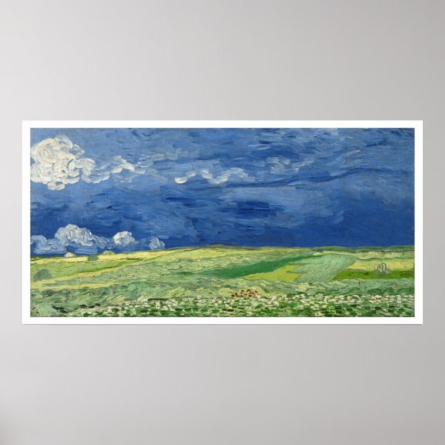 Affiche Champ de blé sous nuages orageux de Vincent Van Go (Devant)