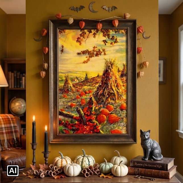 Affiche Champ de citrouilles vintage Halloween avec meules (Vintage illustration Halloween design featuring an autumn scene with a pumpkin patch and haystacks.)