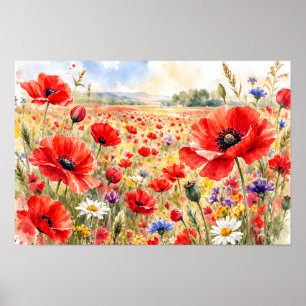 Affiche Champ de coquelicots - Coquelicot à l'aquarelle