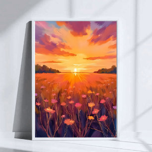 Affiche Champ de fleurs aquarelle coucher de soleil heure