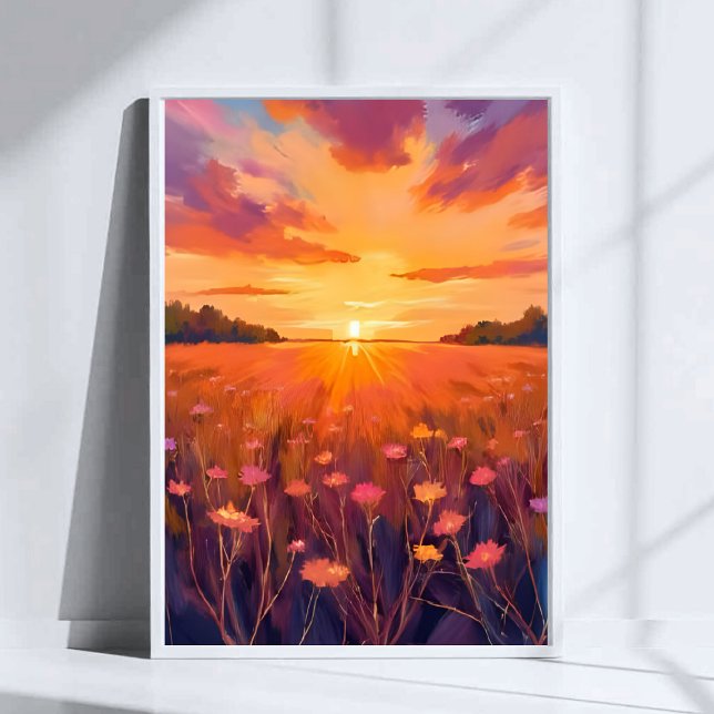 Affiche Champ de fleurs aquarelle coucher de soleil heure  (Créateur téléchargé)