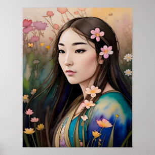 Affiche Champ de fleurs Belle femme fleurs dans les cheveu