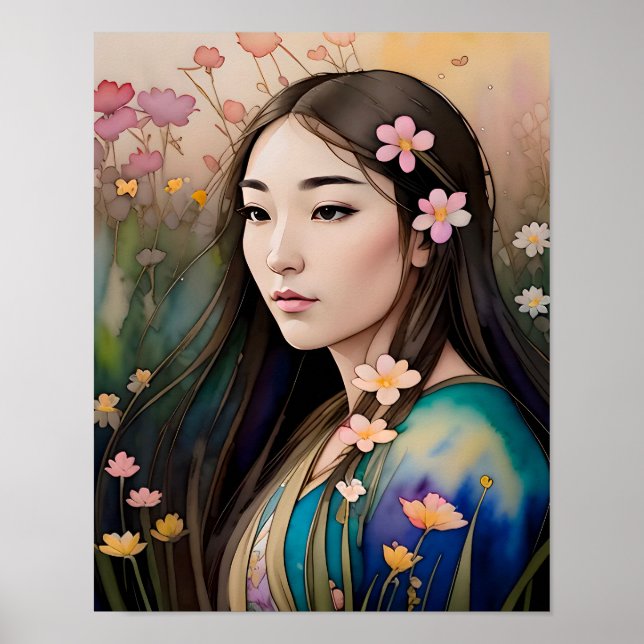 Affiche Champ de fleurs Belle femme fleurs dans les cheveu (Devant)