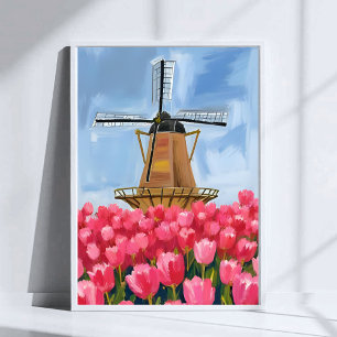 Affiche Champ de fleurs de tulipes de moulin à vent hollan
