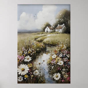 Affiche Champ de fleurs sauvages, peinture vintage imprima