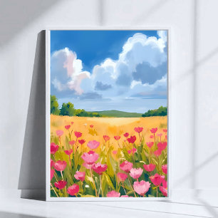 Affiche Champ de fleurs sauvages roses, peinture à l'aquar