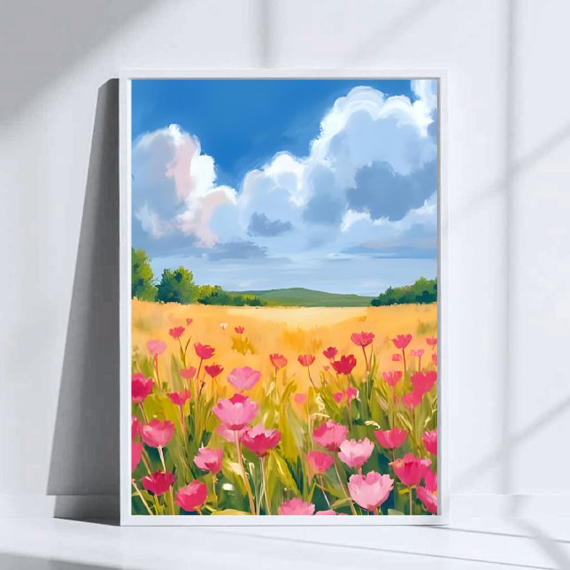 Affiche Champ de fleurs sauvages roses, peinture à l'aquar (Créateur téléchargé)