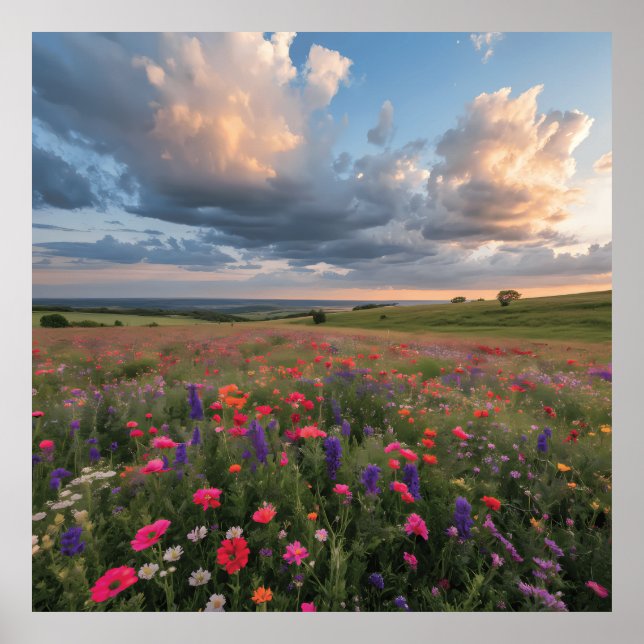 Affiche Champ de fleurs sauvages vibrant au coucher du sol (Devant)