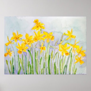 Affiche champ de jonquilles jaunes peint à la main aquarel