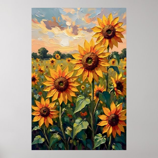 Affiche Champ de tournesols peinture à l'huile (Devant)