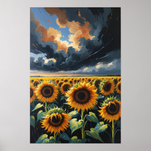Affiche Champ de Tournesols sous un Paysage Céleste Dramat