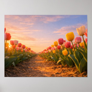 Affiche Champ de tulipes au coucher du soleil, paysage hol