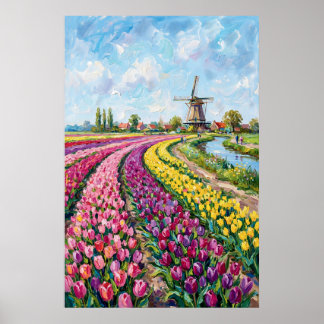 Affiche Champ de tulipes hollandais - Peinture à l'huile