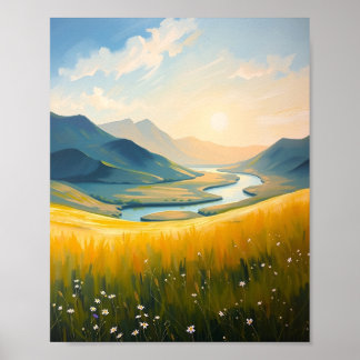 Affiche Champ doré et rivière au coucher du soleil