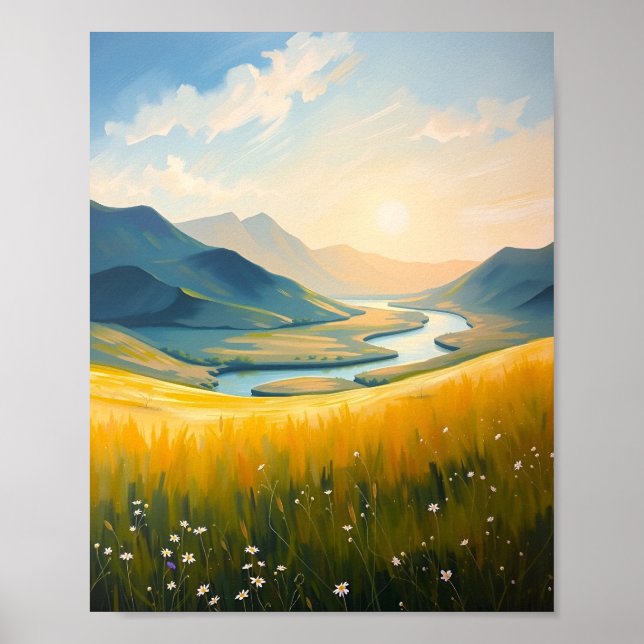 Affiche Champ doré et rivière au coucher du soleil (Devant)