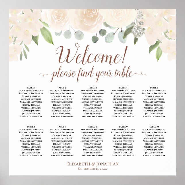 Affiche Champagne Blush Boho Roses 10 Table Seating Chart (Devant)