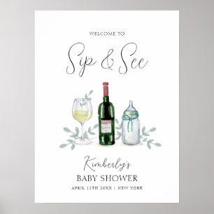 Affiche Champagne Verdure Sip & Voir Baby shower Bienvenue