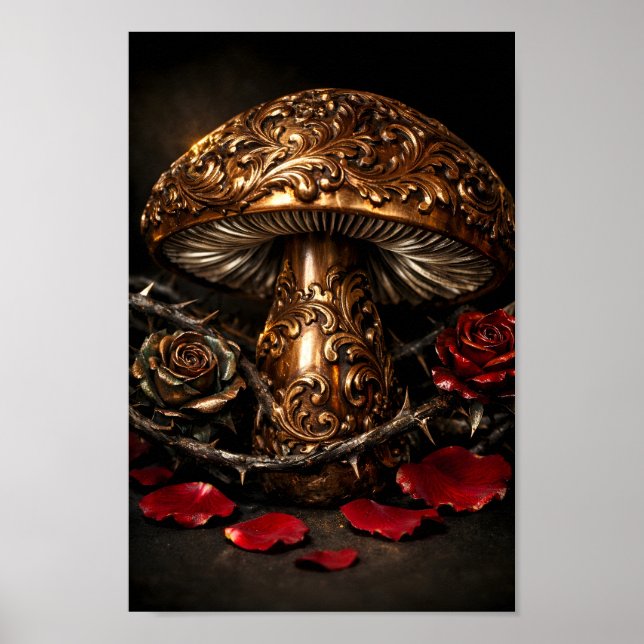 Affiche Champignon de bronze orné Rose rouge gothique Stea (Devant)