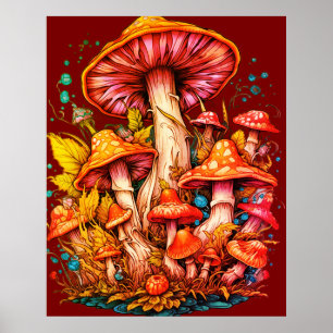 Affiche Champignons à l'ambiance des années 70 sur fond ma