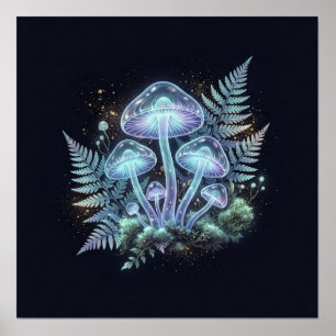 Affiche Champignons bioluminescents Fougères Art fantastiq