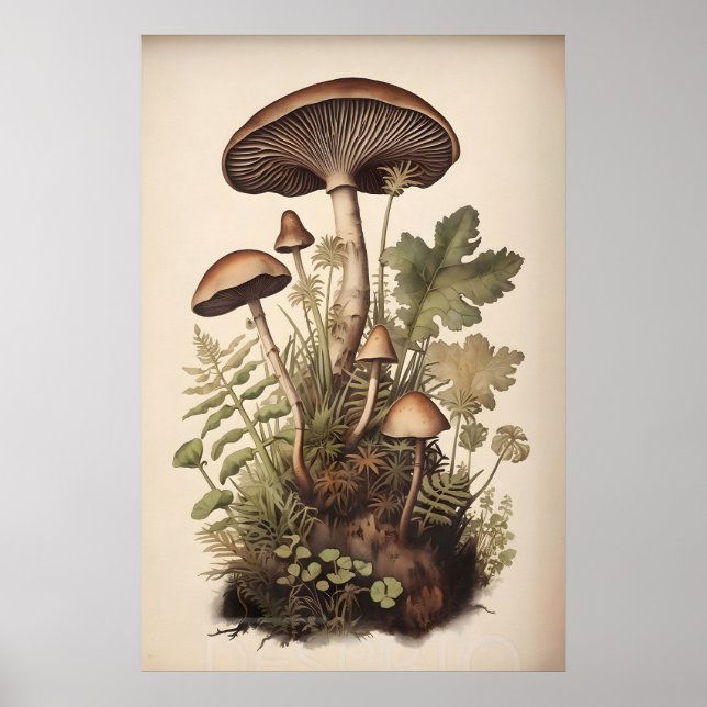 Affiche Champignons botaniques dans la fougère de mousse,  (Devant)
