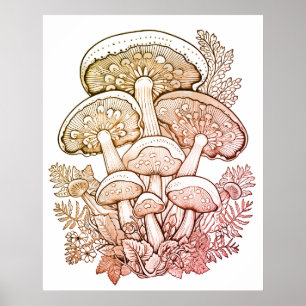 Affiche Champignons Bown Clair sur Fond Noir sur un Mur