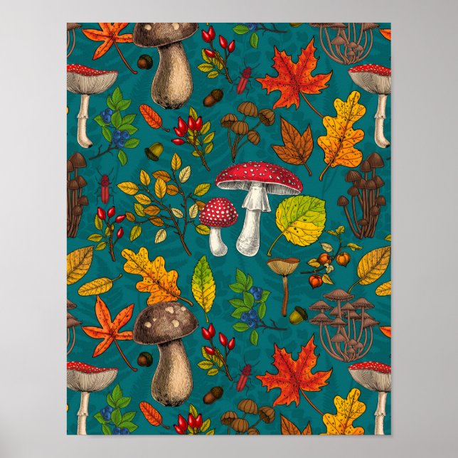 Affiche Champignons d'automne, feuilles, noix et baies sur (Devant)