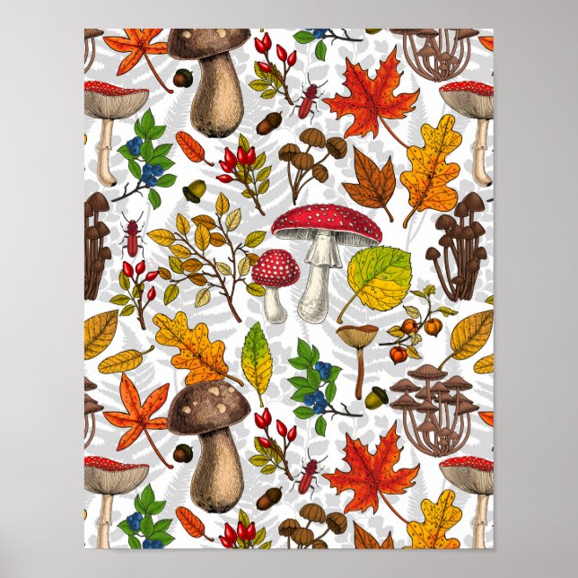 Affiche Champignons d'automne, feuilles, noix et baies sur (Devant)