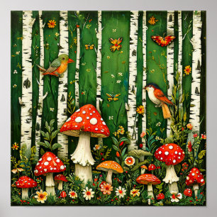 Affiche Champignons de Conte de Fées et Oiseaux Forêt Ench