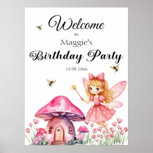 Affiche Champignons de Fée Rose Cute Anniversaire