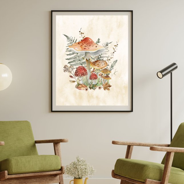 Affiche Champignons et feuilles de fougère aquarelle vinta (Créateur téléchargé)