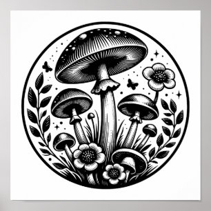Affiche Champignons et fleurs vintage